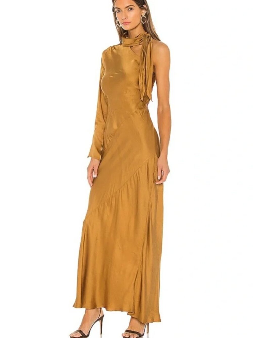 Young Fabulous & Broke Febe Olive Bark (Dark Gold) One Shoulder Maxi Dress